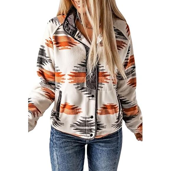 SELINK Womens Fleece Jacket Western Aztec Print Long Sleeve Snap Button - Picture 1 of 6